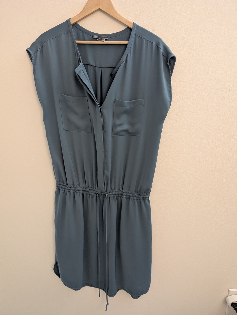 Vince Drawstring Waist Shift Dress | Size S | Slate Blue/Steel Teal